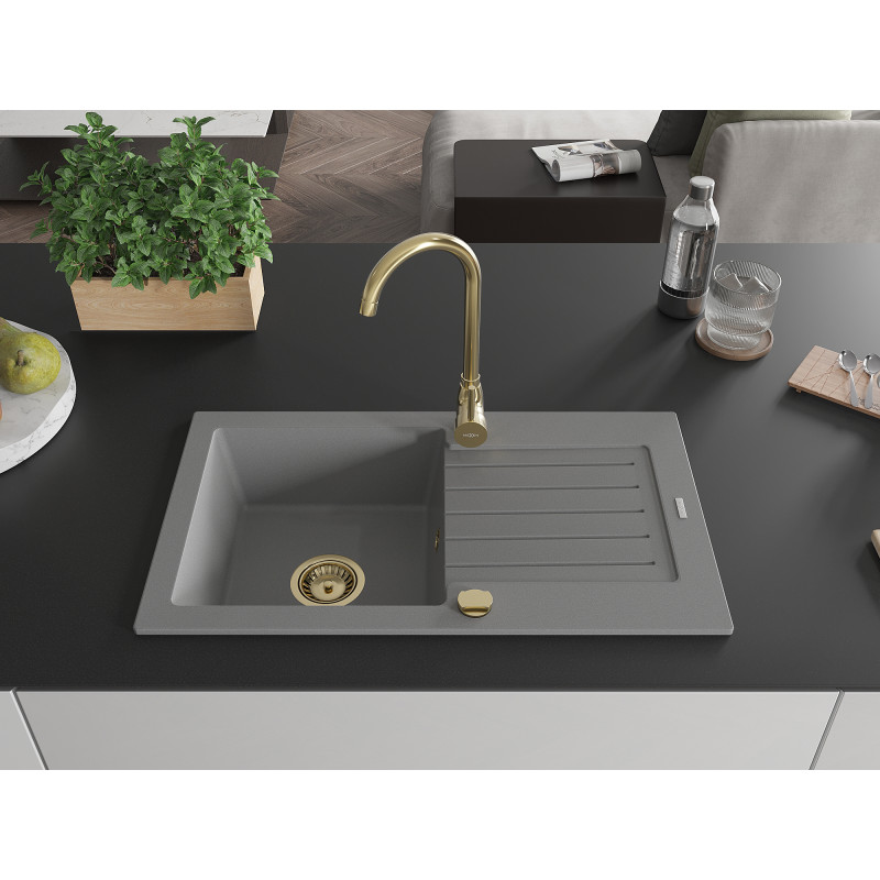 Mexen Pablo chiuvetă de granit cu 1 cuvă și picurător 752 x 436 mm, gri, sifon auriu - 6510751010-71-G