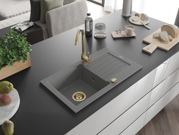 Mexen Pablo chiuvetă din granit cu 1 compartiment cu picurător 752 x 436 mm, gri, sifon Auriu - 6510751010-71-G