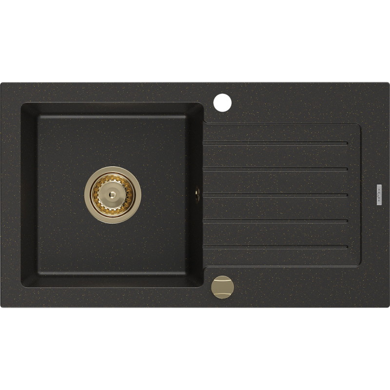 Mexen Pablo 1 rekeszes gránit mosogató lefolyóval 752 x 436 mm, fekete/arany metál, arany szifonnal - 6510751010-75-G