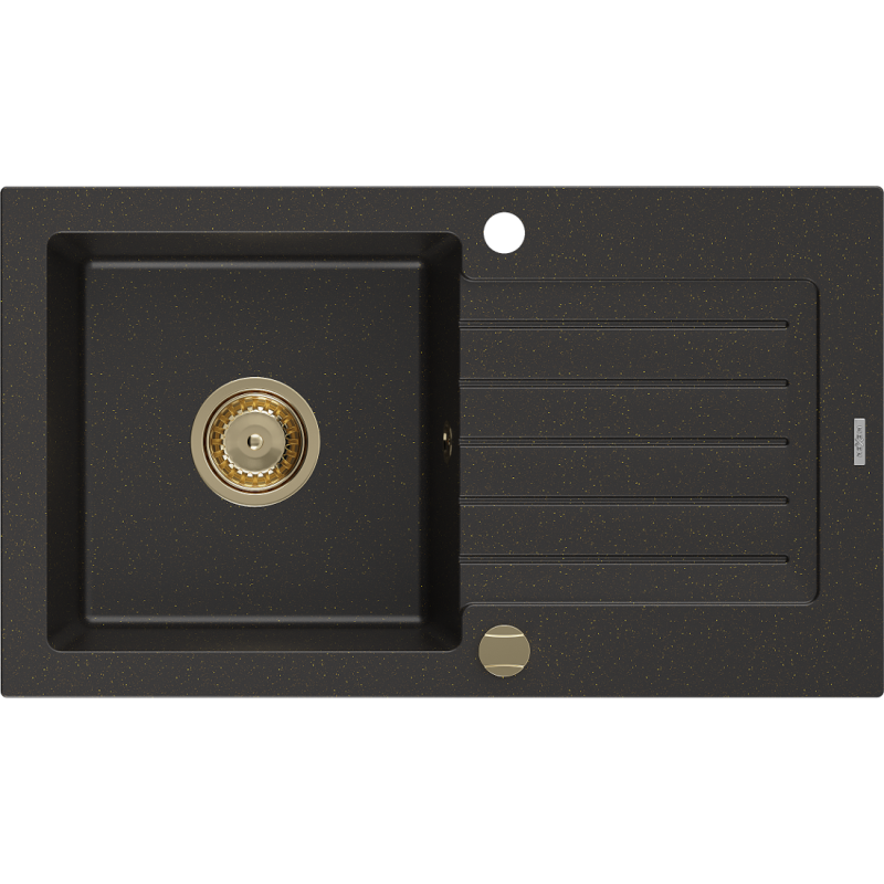 Mexen Pablo chiuvetă din granit cu 1 compartiment cu picurător 752 x 436 mm, Neagră/Auriu metalic, sifon Auriu - 6510751010-75-G