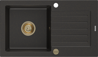Mexen Pablo 1-medencés gránit mosogató csepegtetővel, 752 x 436 mm, fekete/arany metál, arany szifon - 6510751010-75-G