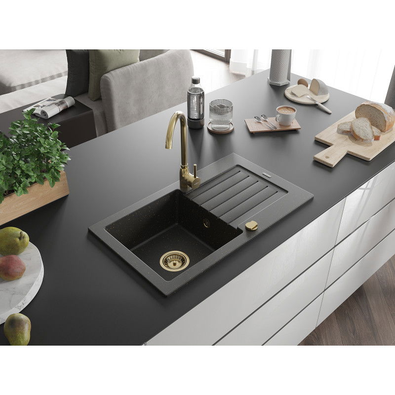 Mexen Pablo chiuvetă din granit cu 1 compartiment și scurgător 752 x 436 mm, negru/auriu metalic, sifon auriu - 6510751010-75-G