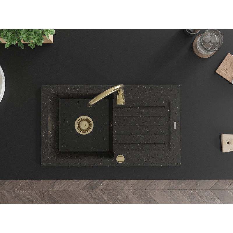 Mexen Pablo chiuvetă din granit cu 1 compartiment și scurgător 752 x 436 mm, negru/auriu metalic, sifon auriu - 6510751010-75-G