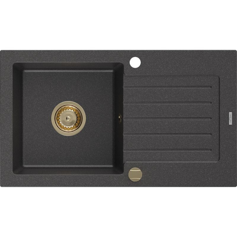 Mexen Pablo chiuvetă din granit cu 1 compartiment cu picurător 752 x 436 mm, Neagră picățele, sifon Auriu - 6510751010-76-G
