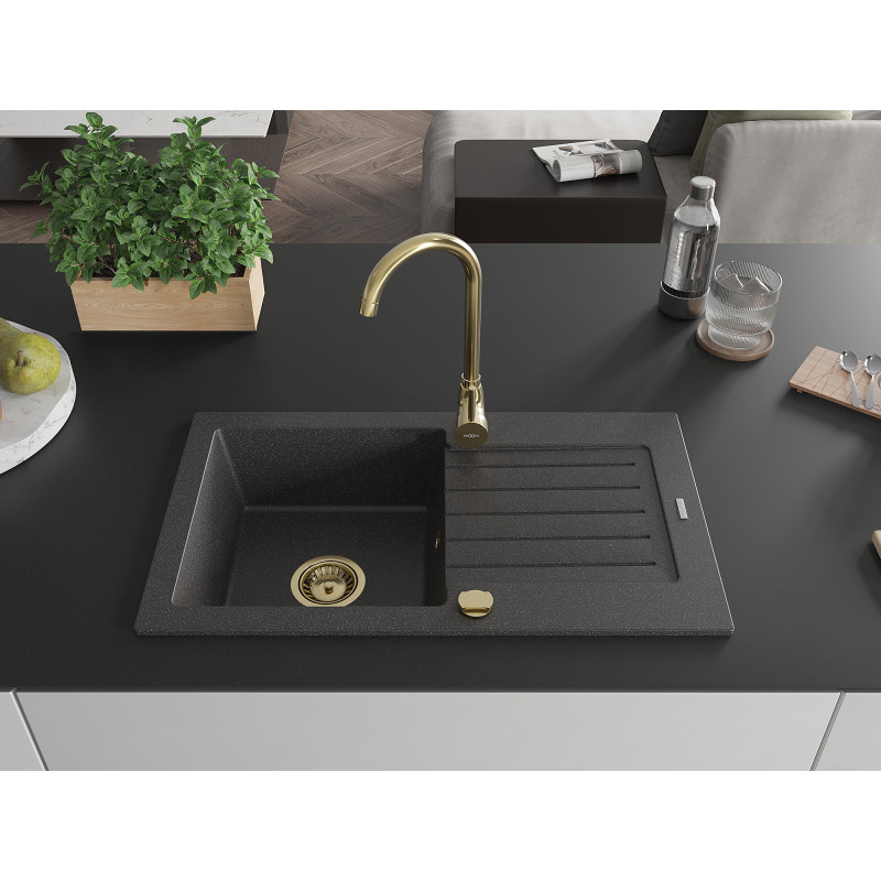Mexen Pablo 752 x 436 mm-es egytálcás csepegtetős gránit mosogató, fekete pöttyös, arany szifonnal - 6510751010-76-G