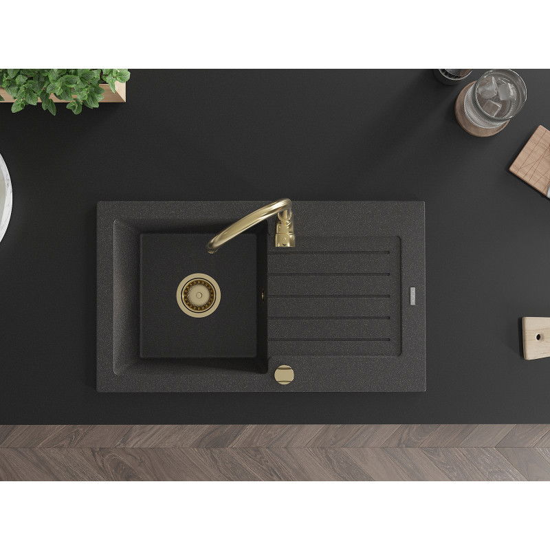 Mexen Pablo chiuvetă din granit cu 1 compartiment și scurgător 752 x 436 mm, negru pătat, sifon auriu - 6510751010-76-G