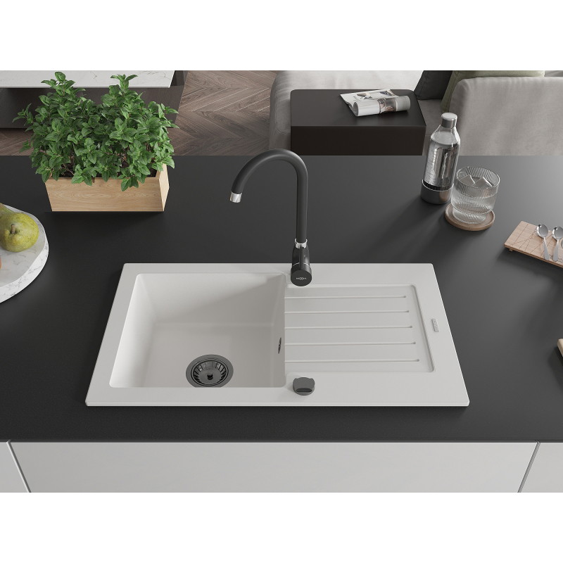 Mexen Pablo chiuvetă din granit cu 1 cuvă cu scurgător 752 x 436 mm, albă, sifon negru - 6510751010-20-B