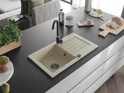 Mexen Pablo chiuvetă din granit cu o cuvă și scurgător 752 x 436 mm, bej, sifon negru - 6510751010-69-B
