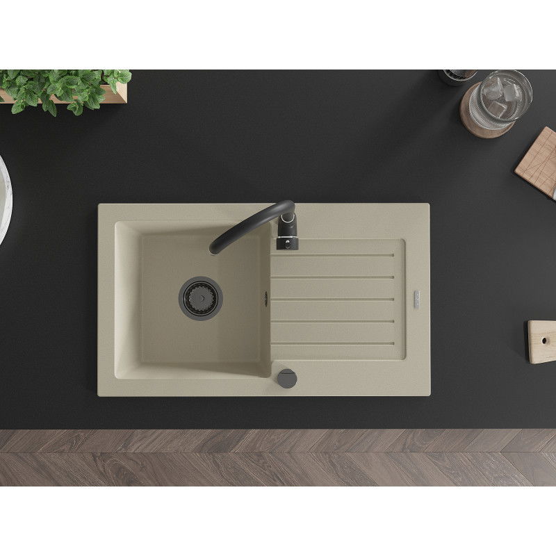 Mexen Pablo chiuvetă din granit cu o cuvă și scurgător 752 x 436 mm, bej, sifon negru - 6510751010-69-B