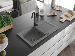 Mexen Pablo chiuvetă de bucătărie din granit, cu 1 compartiment și scurgător, 752 x 436 mm, gri, sifon negru - 6510751010-71-B