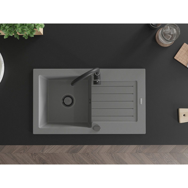 Mexen Pablo chiuvetă de bucătărie din granit, cu 1 compartiment și scurgător, 752 x 436 mm, gri, sifon negru - 6510751010-71-B