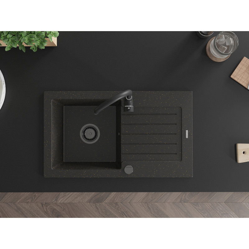 Mexen Pablo chiuvetă de granit cu 1 compartiment și picurător 752 x 436 mm, negru/auriu metalic, sifon negru - 6510751010-75-B