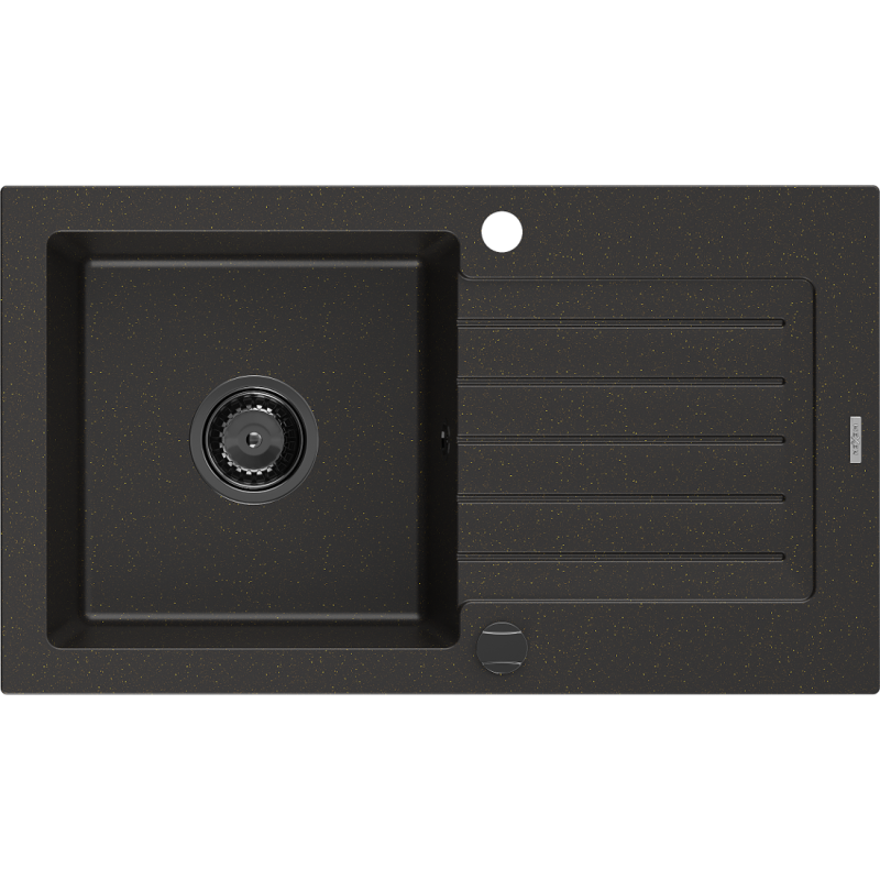 Mexen Pablo1-medencés gránit mosogató edényszárítóval 752 x 436 mm, Fekete/Fém arany, szifon Fekete - 6510751010-75-B