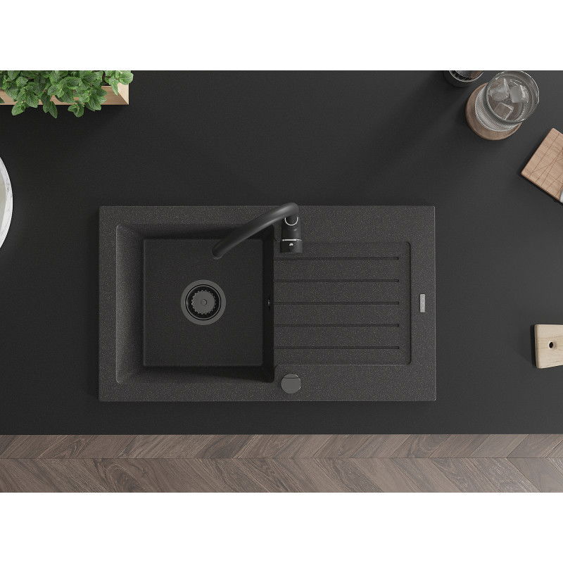 Mexen Pablo chiuvetă de granit cu 1 compartiment și scurgător 752 x 436 mm, negru pătat, sifon negru - 6510751010-76-B