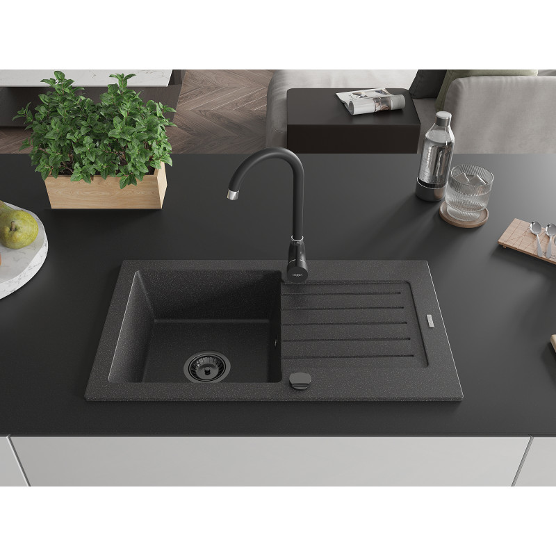 Mexen Pablo chiuvetă din granit cu 1 compartiment și scurgător 752 x 436 mm, negru cu stropi, sifon negru - 6510751010-76-B