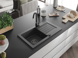 Mexen Pablo chiuvetă din granit cu 1 compartiment cu picurător 752 x 436 mm, Neagră picățele, sifon Neagră - 6510751010-76-B
