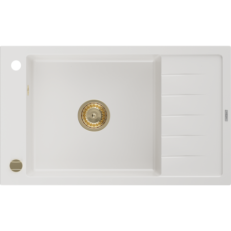 Mexen Elias1-medencés gránit mosogató edényszárítóval 795 x 480 mm, Fehér, szifon Arany - 6511791005-20-G