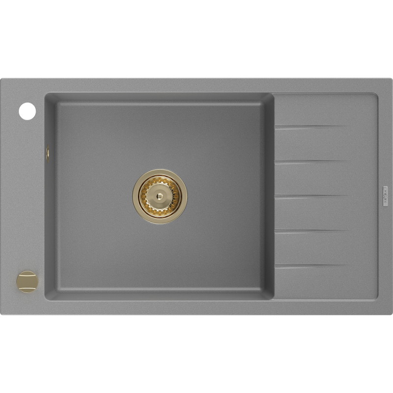 Mexen Elias chiuvetă de granit cu 1 compartiment și scurgător 795 x 480 mm, gri, sifon auriu - 6511791005-71-G