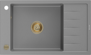 Mexen Elias chiuvetă din granit cu 1 compartiment și scurgător 795 x 480 mm, gri, sifon auriu - 6511791005-71-G