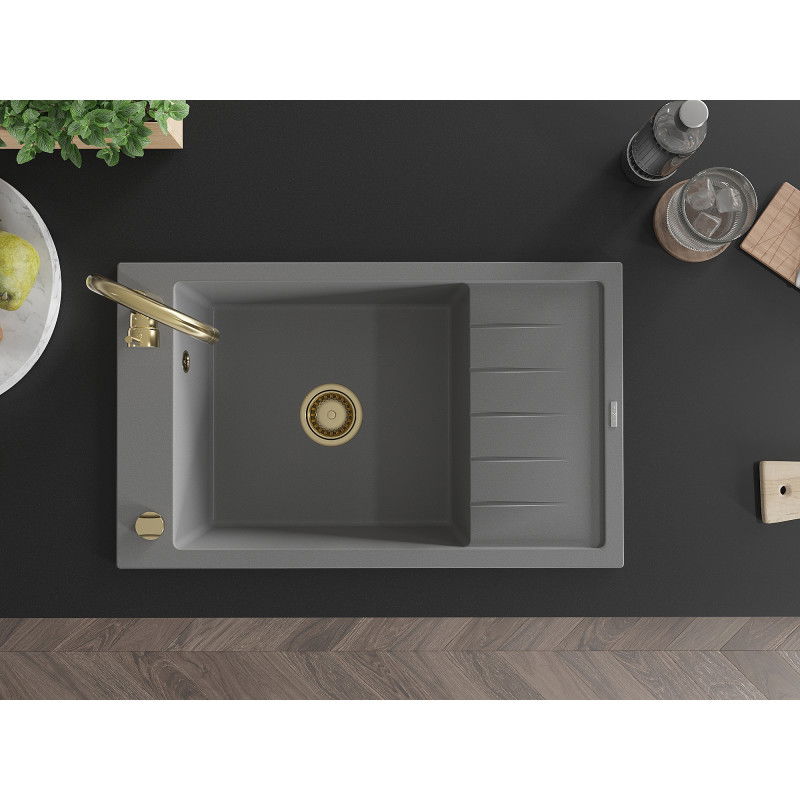 Mexen Elias chiuvetă din granit cu 1 compartiment și scurgător 795 x 480 mm, gri, sifon auriu - 6511791005-71-G