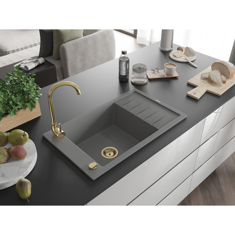 Mexen Elias chiuvetă de granit cu 1 compartiment cu scurgător 795 x 480 mm, gri, sifon auriu - 6511791005-71-G