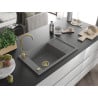 Mexen Elias egymedencés gránit mosogató csepegtetővel 795 x 480 mm, szürke, arany szifon - 6511791005-71-G