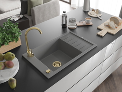 Mexen Elias chiuvetă din granit cu 1 compartiment cu picurător 795 x 480 mm, gri, sifon Auriu - 6511791005-71-G