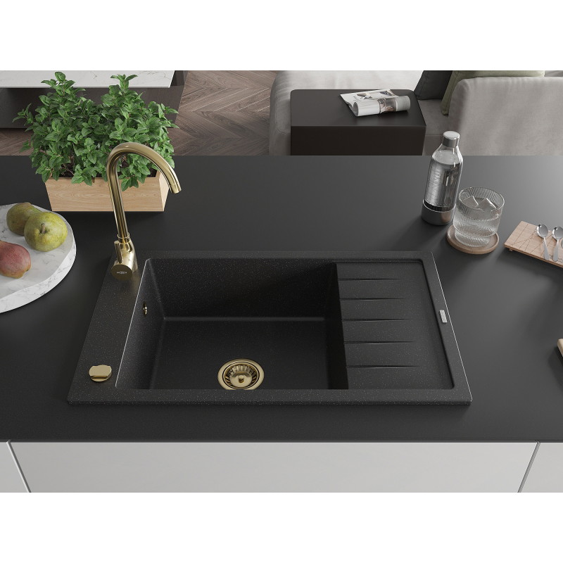 Mexen Elias gránit mosogató 1 rekesszel és csepegtetővel 795 x 480 mm, fekete/ezüst metál, arany szifon - 6511791005-73-G