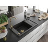 Mexen Elias chiuvetă din granit cu 1 compartiment și scurgător 795 x 480 mm, negru/argintiu metalic, sifon auriu