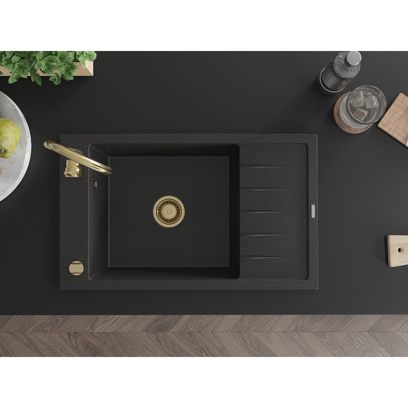 Mexen Elias chiuvetă din granit cu 1 compartiment și scurgător 795 x 480 mm, negru/argintiu metalic, sifon auriu