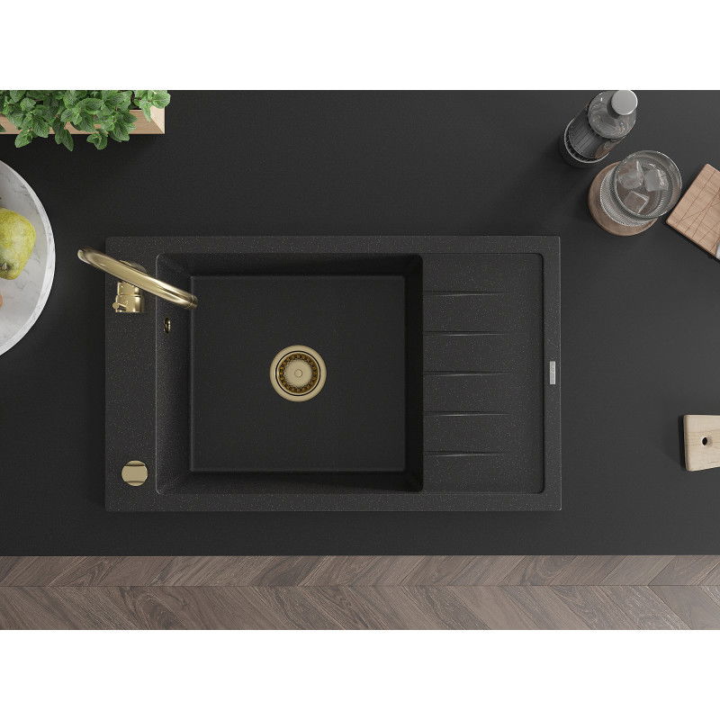Mexen Elias chiuvetă granit 1-cameră cu picurator 795 x 480 mm, negru/argintiu metalic, sifon auriu - 6511791005-73-G