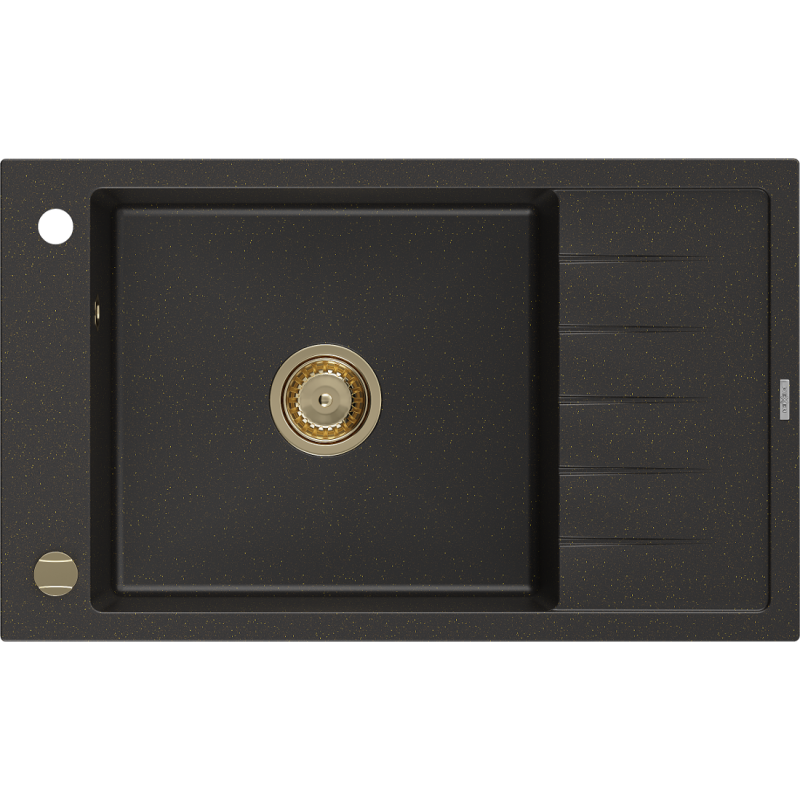 Mexen Elias chiuvetă de granit cu o cuvă și scurgător 795 x 480 mm, negru/auriu metalic, sifon auriu - 6511791005-75-G
