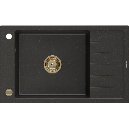 Mexen Elias chiuvetă de granit cu o cuvă și scurgător 795 x 480 mm, negru/auriu metalic, sifon auriu - 6511791005-75-G