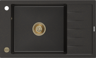 Mexen Elias chiuvetă de granit cu o cuvă și scurgător 795 x 480 mm, negru/auriu metalic, sifon auriu - 6511791005-75-G