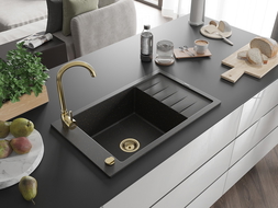 Mexen Elias chiuvetă din granit cu 1 compartiment cu picurător 795 x 480 mm, Neagră/Auriu metalic, sifon Auriu - 6511791005-75-G