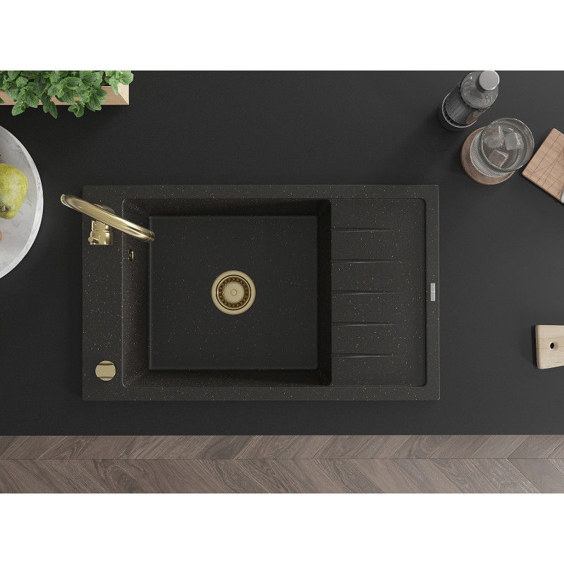 Mexen Elias chiuvetă de granit cu o cuvă și scurgător 795 x 480 mm, negru/auriu metalic, sifon auriu - 6511791005-75-G
