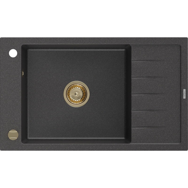Mexen Elias 1 rekeszes, csepegtetős gránit mosogató, 795 x 480 mm, fekete pöttyös, arany szifon - 6511791005-76-G