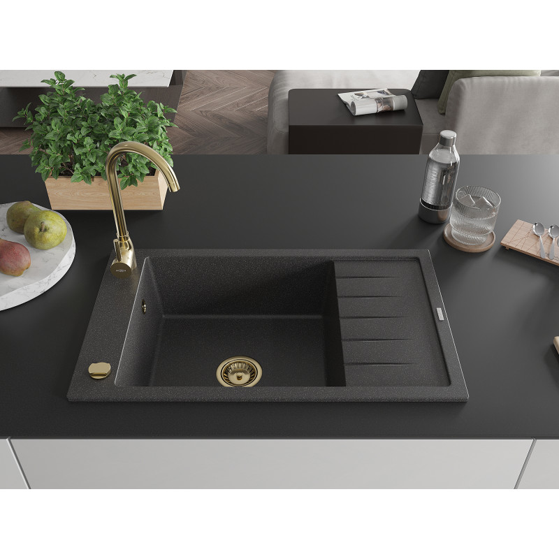 Mexen Elias chiuvetă de granit cu o cuvă și picurător 795 x 480 mm, negru cu puncte, sifon auriu - 6511791005-76-G