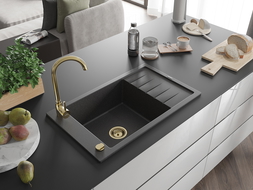 Mexen Elias chiuvetă din granit cu 1 compartiment cu picurător 795 x 480 mm, Neagră picățele, sifon Auriu - 6511791005-76-G