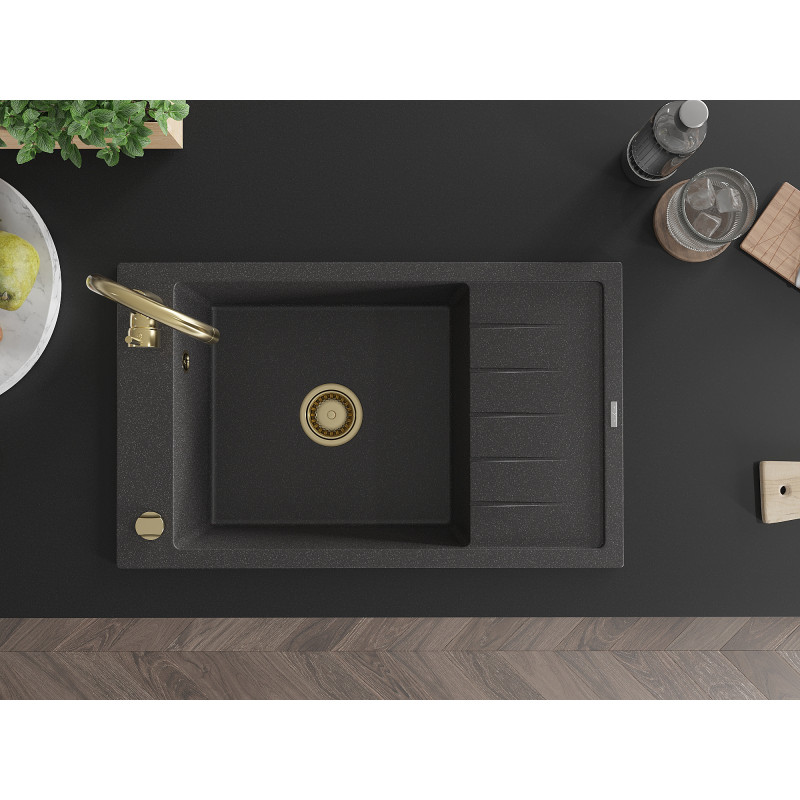 Mexen Elias chiuvetă de granit cu o cuvă și picurător 795 x 480 mm, negru cu puncte, sifon auriu - 6511791005-76-G