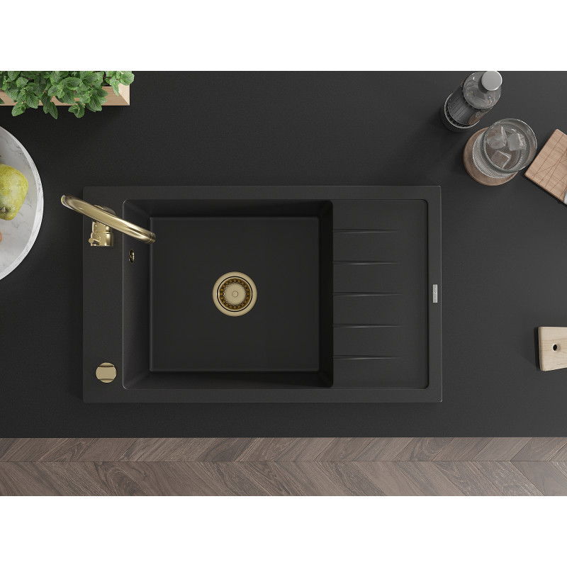 Mexen Elias chiuvetă de granit cu 1 compartiment și picurător 795 x 480 mm, negru, sifon auriu - 6511791005-77-G