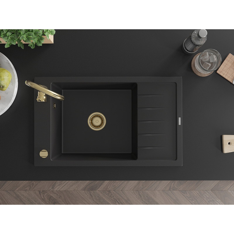 Mexen Elias chiuvetă din granit cu 1 compartiment cu scurgător 795 x 480 mm, negru, sifon auriu - 6511791005-77-G