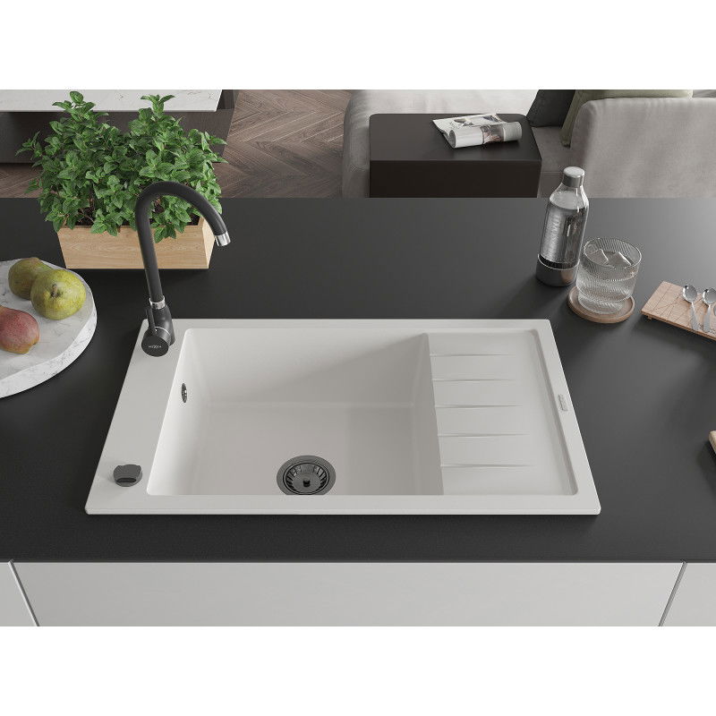 Mexen Elias chiuvetă de granit cu 1 compartiment cu scurgător 795 x 480 mm, alb, sifon negru - 6511791005-20-B