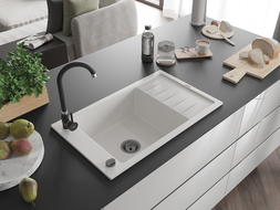 Mexen Elias chiuvetă de granit cu 1 compartiment cu scurgător 795 x 480 mm, alb, sifon negru - 6511791005-20-B