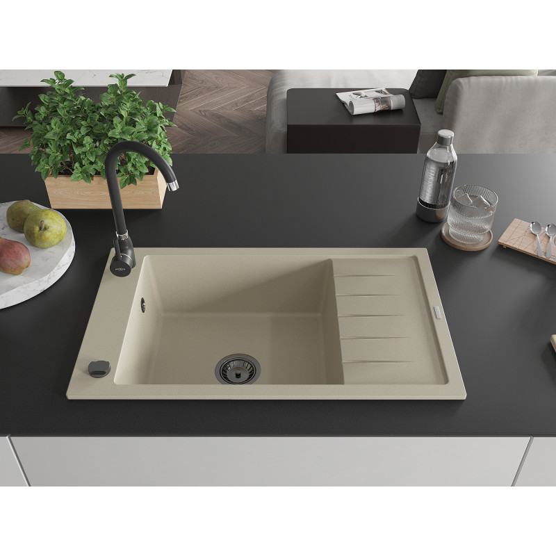 Mexen Elias chiuvetă de bucătărie din granit cu 1 compartiment și picurător 795 x 480 mm, bej, sifon negru