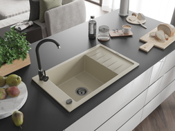 Mexen Elias chiuvetă de bucătărie din granit cu 1 compartiment și picurător 795 x 480 mm, bej, sifon negru