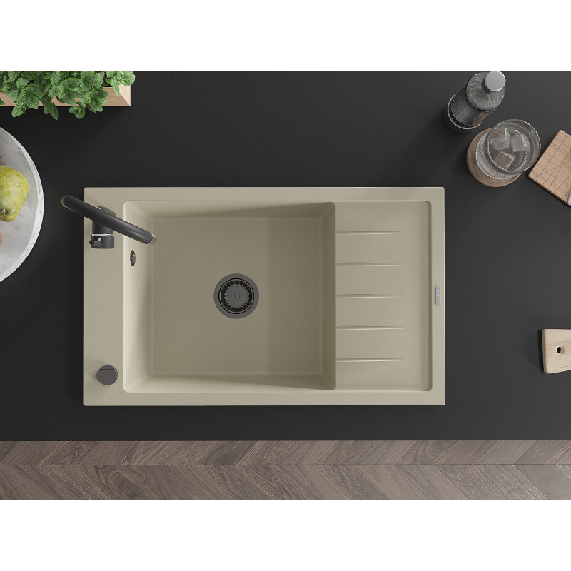 Mexen Elias chiuvetă de bucătărie din granit cu 1 compartiment și picurător 795 x 480 mm, bej, sifon negru