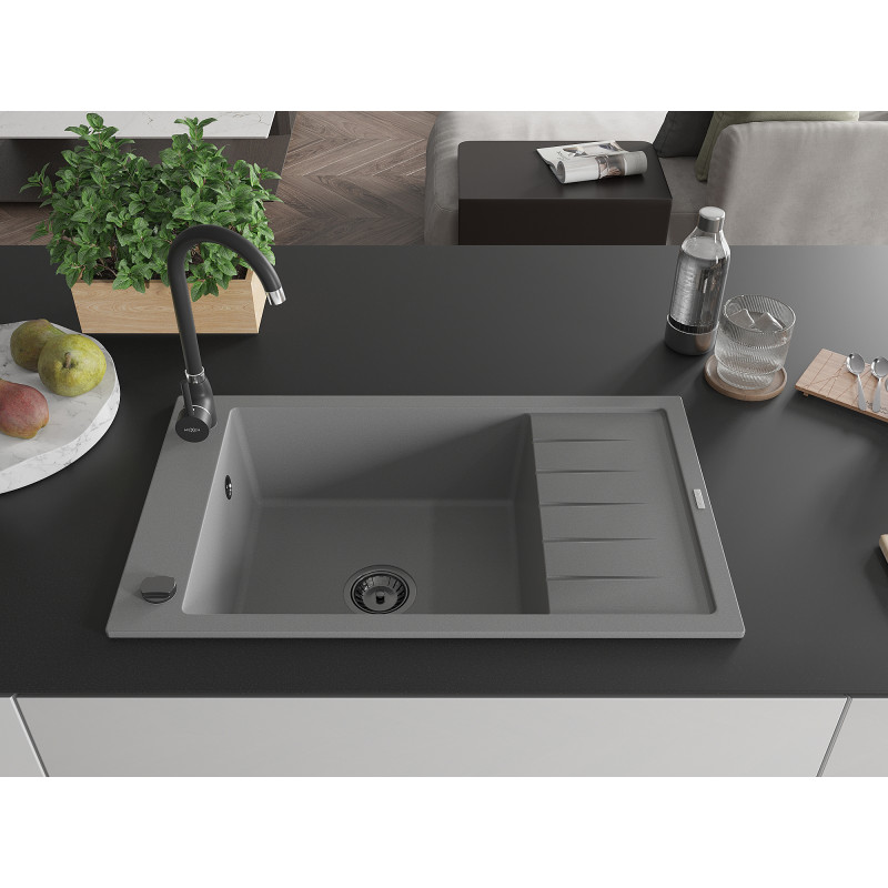 Mexen Elias chiuvetă de granit cu 1 compartiment, cu scurgător, 795 x 480 mm, gri, sifon negru - 6511791005-71-B