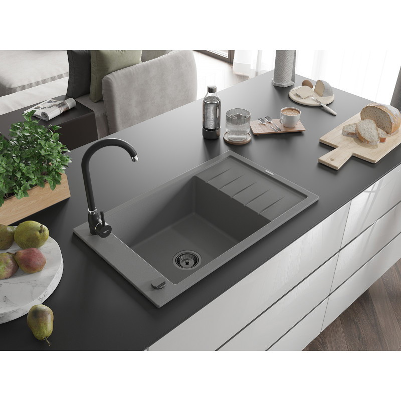 Mexen Elias chiuvetă de granit cu 1 compartiment, cu scurgător, 795 x 480 mm, gri, sifon negru - 6511791005-71-B