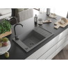 Mexen Elias chiuvetă de granit cu 1 compartiment, cu scurgător, 795 x 480 mm, gri, sifon negru - 6511791005-71-B